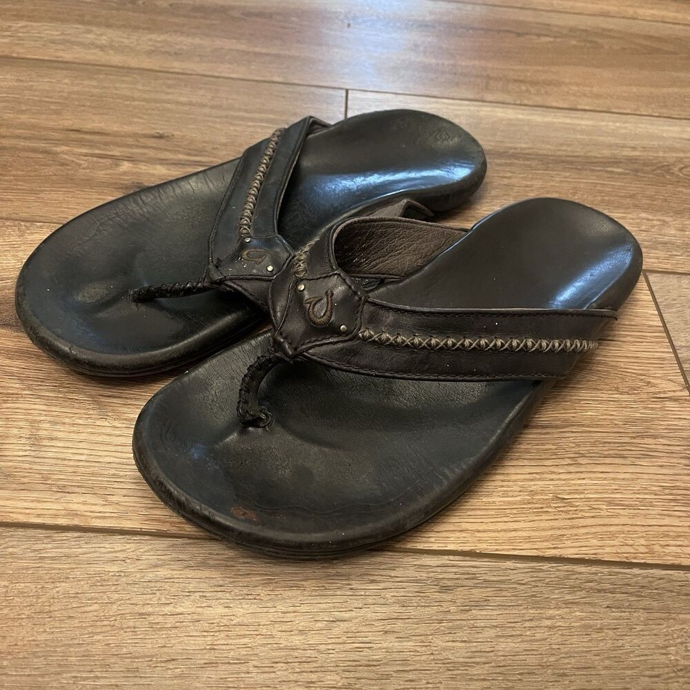 Olukai Leather Mea Ola Flip Flops Sandals Men's Size 10 Black Rubber Sole